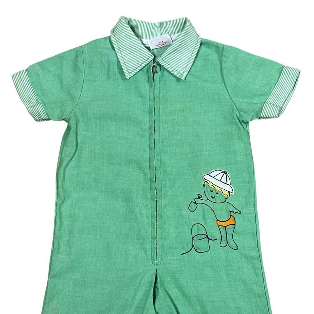 Vintage Wonderalls Baby Romper Green Embroidered One Piece USA Made 12-18M - Picture 3 of 12